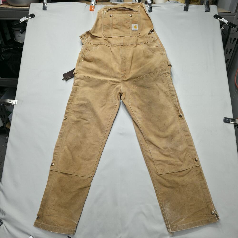 Carhartt R37 Mens 36x32 Brown Duck Bib Overalls Double Knee Distressed Workwear